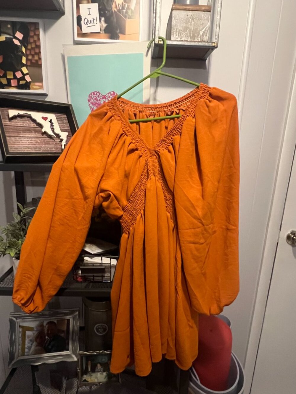 Orange Smocked Waist Mini Dress Long Sleeve Puff Sleeve V Neck Boho